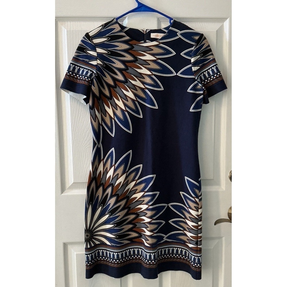 Designer Tory Burch Dress Chic Small Blue Geometric Print Sheath Knit